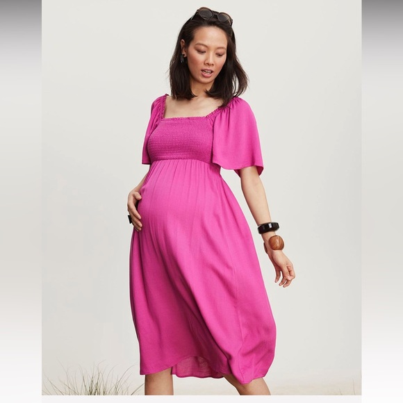 Linen Blend Short Sleeve Midi Dress - Thyme Maternity, Size XXS - Picture 2 of 5